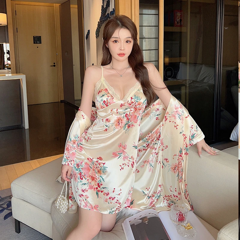 2PCS Silk Satin Sexy Lingerie Robe & Gown Sets for Women Summer Floral Nightdress Sleepwear bathrobes Night Dress Two Piece Set