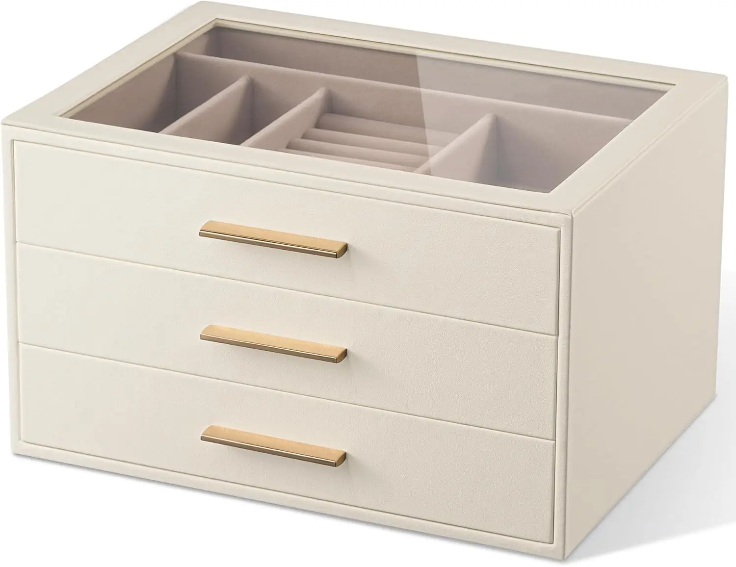 

3-Layer Jewelry Storage Case with Glass Window, Ivory Leather and Pink Velvet Organizer for Rings Necklaces Bracelets Brooches