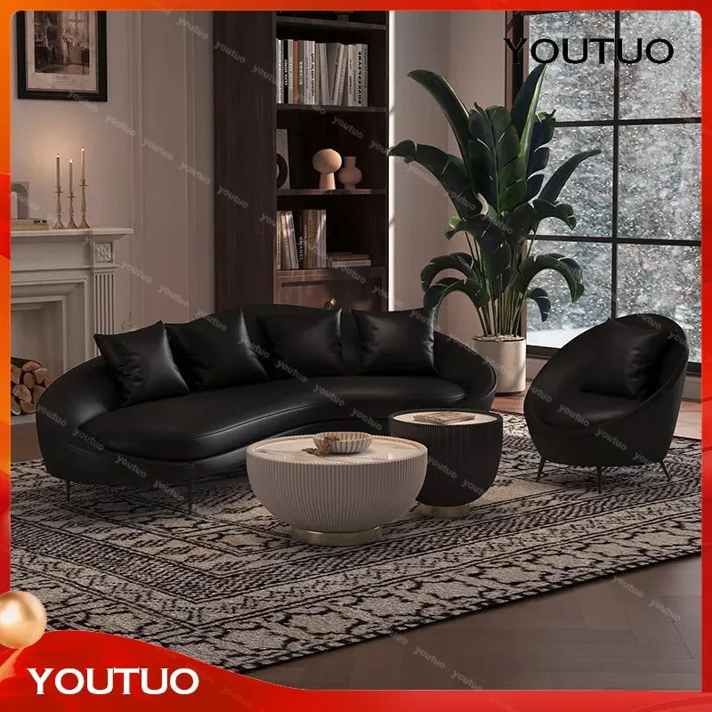  Italian Light Luxury Black Curved Leather Sofa Set Living Room Household Small Apartment Designer Combination