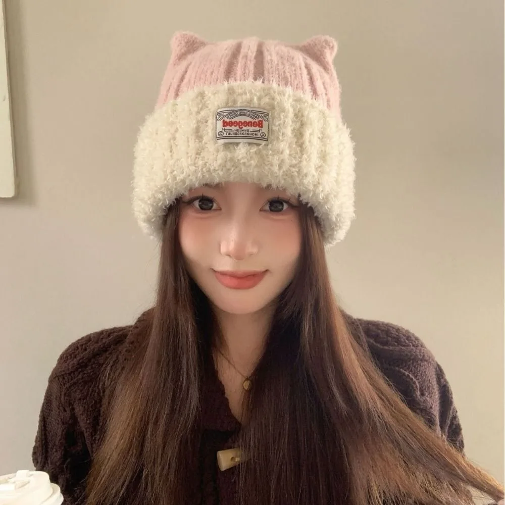 Korean Style Polyester Knitted Beanie Hat Warm Face Slimming Bear Ear Hat 56cm-58cm Cuffed Beanie Earflap Hat Winter Season