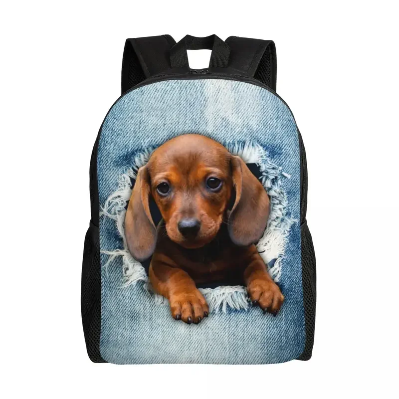 Custom Dachshund Dog Torn Jean Travel Backpack School Laptop Bookbag Wiener Badger Sausage Dog College Student Daypack Bags