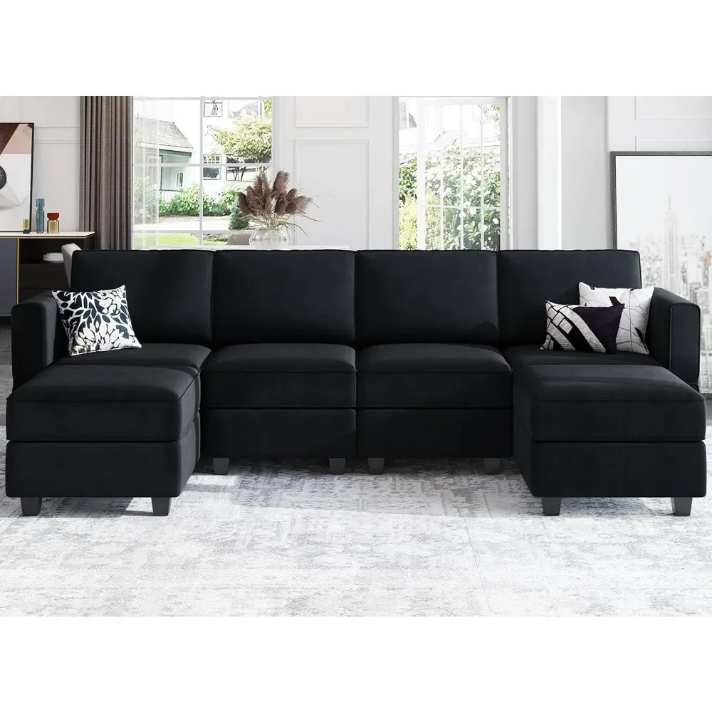 Modular Sofa with Reversible Chaise Longue Velvet U-shaped Modular Sofa with Storage Seat,Adjustable Arm Backrest, Storage Seats