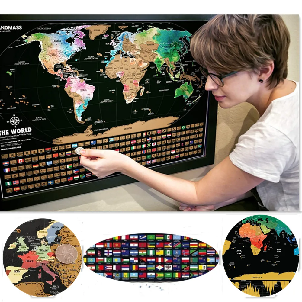 Deluxe Travel Scratch off Maps with National Flags, Biggest Cities & Capitals, Detailed Cartography Scratch Maps, Global Maps h1