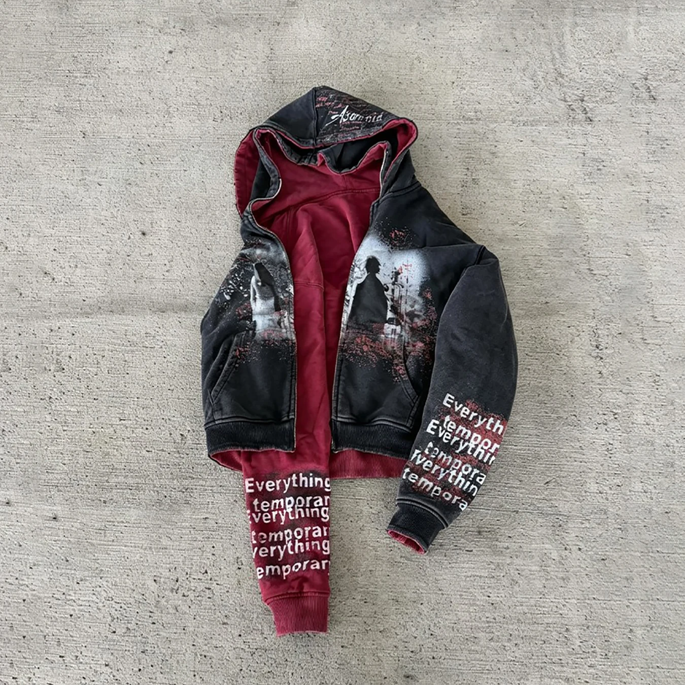 Autumn and winter vintage style Y2K printed double-layer hat, loose dark jacket, hooded top