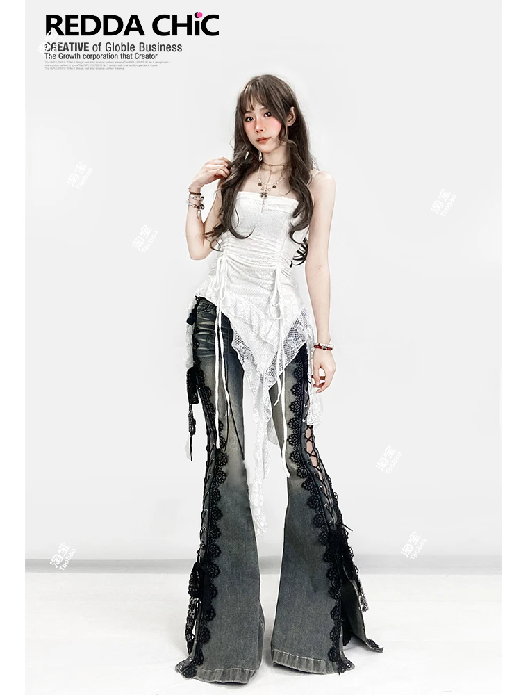 الشارع خمر Y2k الدانتيل حزام سبليت الدنيم السراويل النساء مستقيم فضفاض بنطال ذو قصة أرجل واسعة 2025 الصيف الشارع الشهير جرس أسفل الجينز