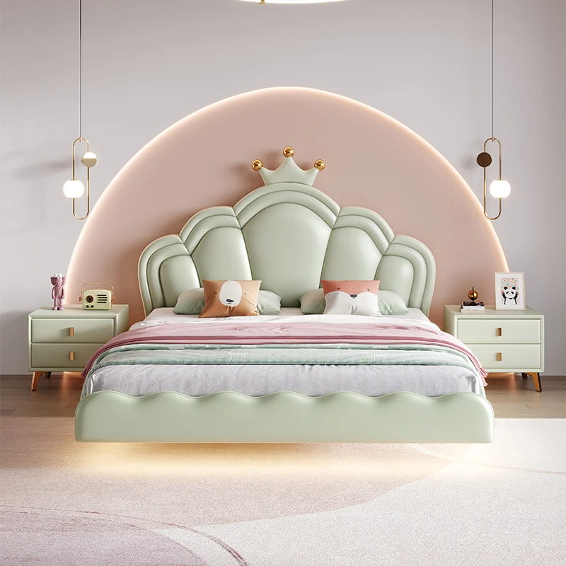 Cream Wind Children's Suspension Bed With Lights Modern Simple Girl Boy Soft Package Light Luxury Double Master Bedroom Bed