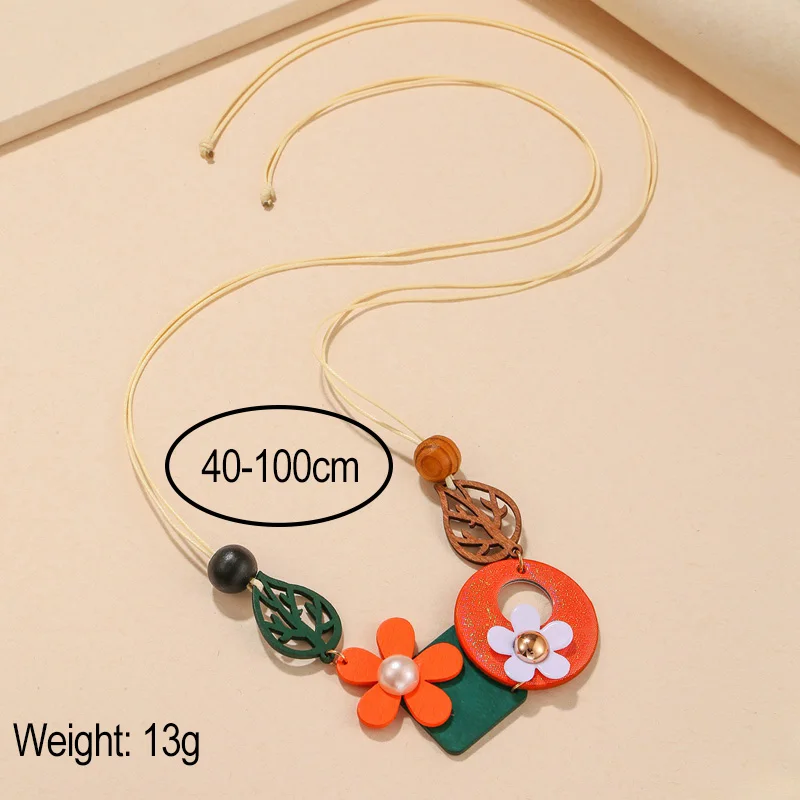 Vintage Ethnic Geometric Wooden Bib Necklace Women Wood Leaves Flower Collar Handmade Adjustable Choker Long Necklaces Pendants