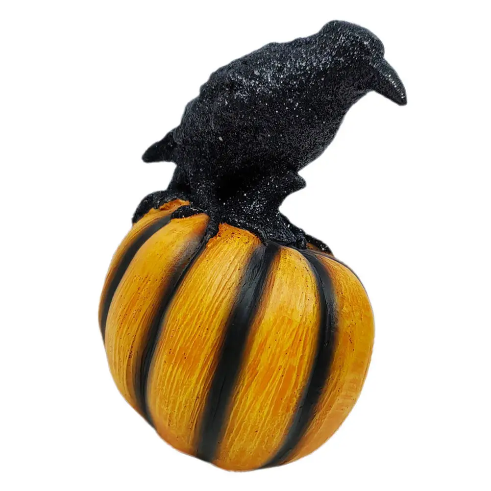 Premium Resin Halloween Pumpkin Crow Statue Lifelike Detail Crafted Garden Outdoor Indoor Decor Shelf Desktop Party Photo Prop