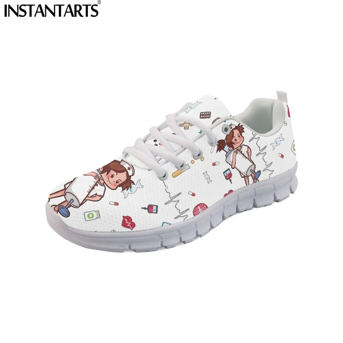 INSTANTARTS Women Lace Up Nurse Shoes Syringe Medical Heartbeat Pattern Female Casual Mesh Flats Sneaker Girls Zapatillas Mujer
