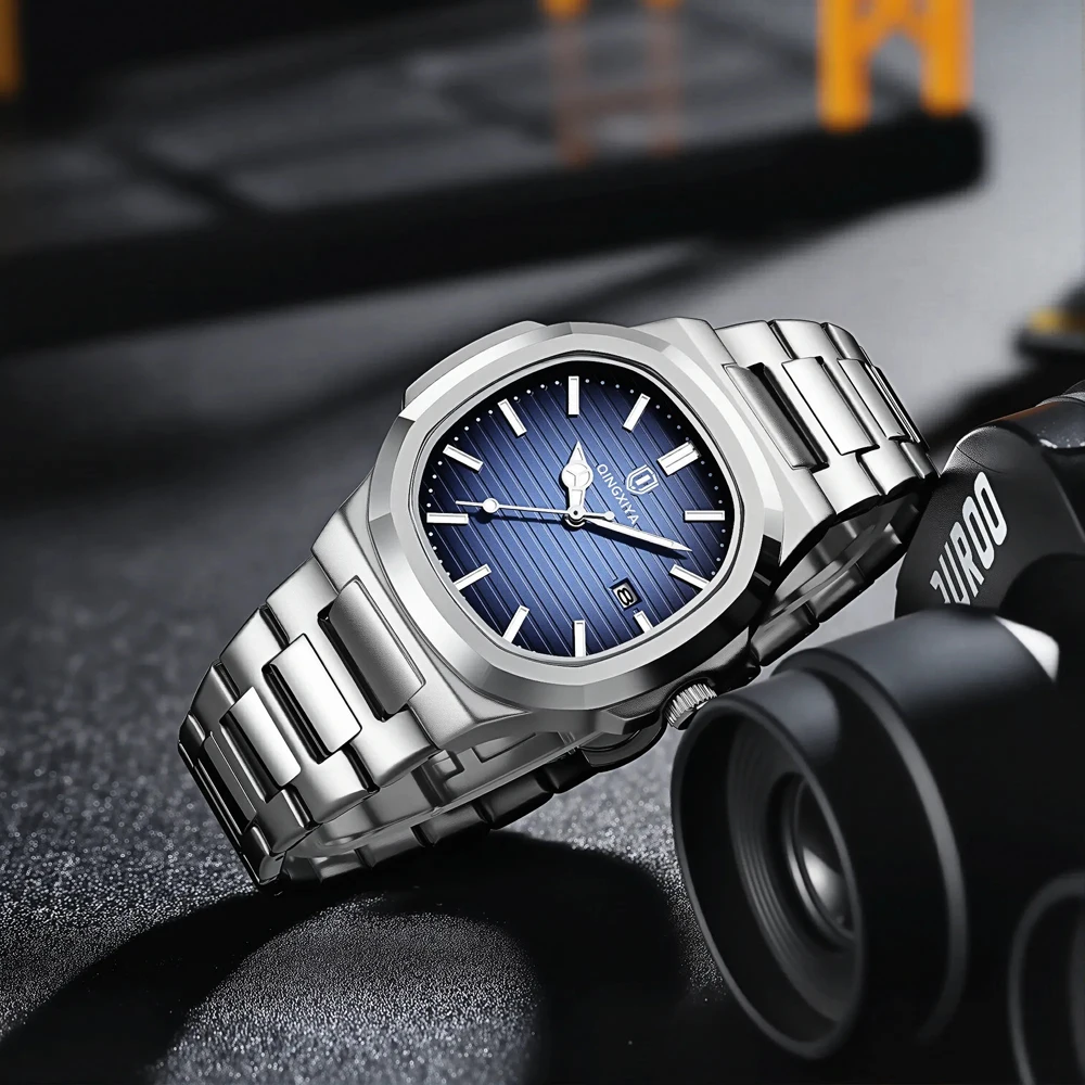 QINGXIYA Fashion Square Dial Quartz Watch for Men Stainless Steel Waterproof Luminous Date Mens Watches Top Brand Luxury Clock