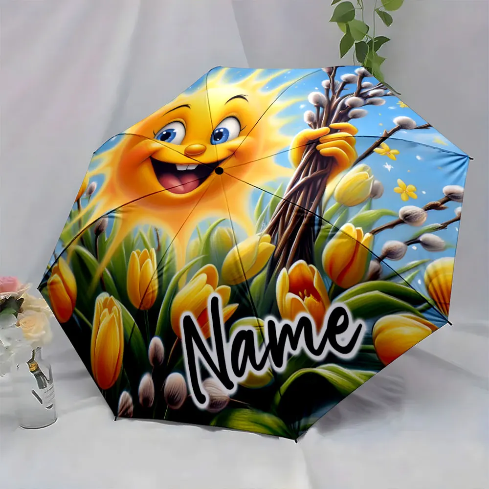 Custom Name  Bright Sun Design Umbrella with Tulips and Flowers Print 8 Iron Ribs Folding Umbrella Auto-Open Fashion Sunshade