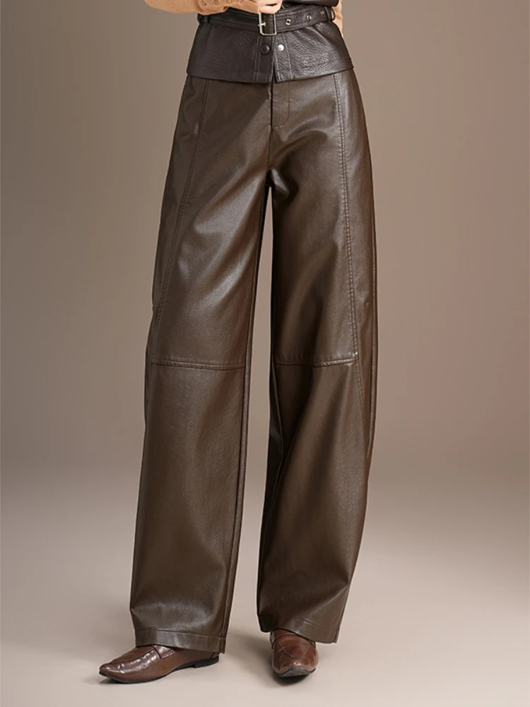 

Осень-зима 2021, новые модные и универсальные утягивающие брюки из искусственной кожи с высокой талией, женские прямые широкие брюки