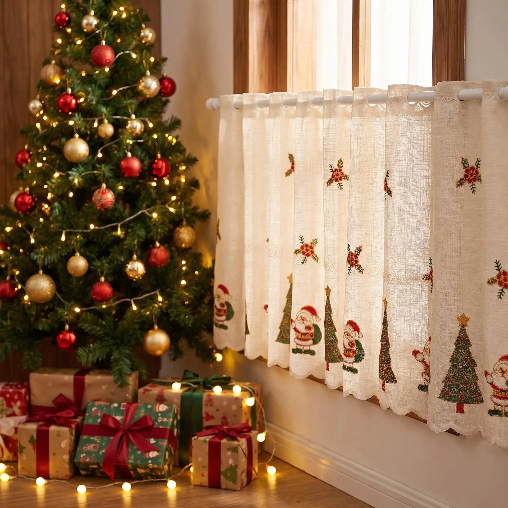 New Xmas Bells Lace Cafe Curtain Punch Free Retro American Style Cabinet Drape Short Window Valance Home Decor 1pc