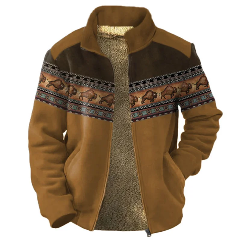 Chaqueta gruesa de invierno para hombre, abrigo resistente al frío, cremallera retro étnica, forro interior peludo, Top a prueba de viento