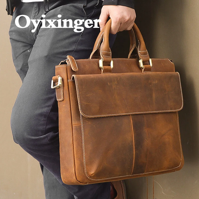 OYIXINGER Retro Leather Men\'s Business Briefcase For 14inch Laptop Vintage Computer Bag New Male Cowhide Messenger Bag Handbag