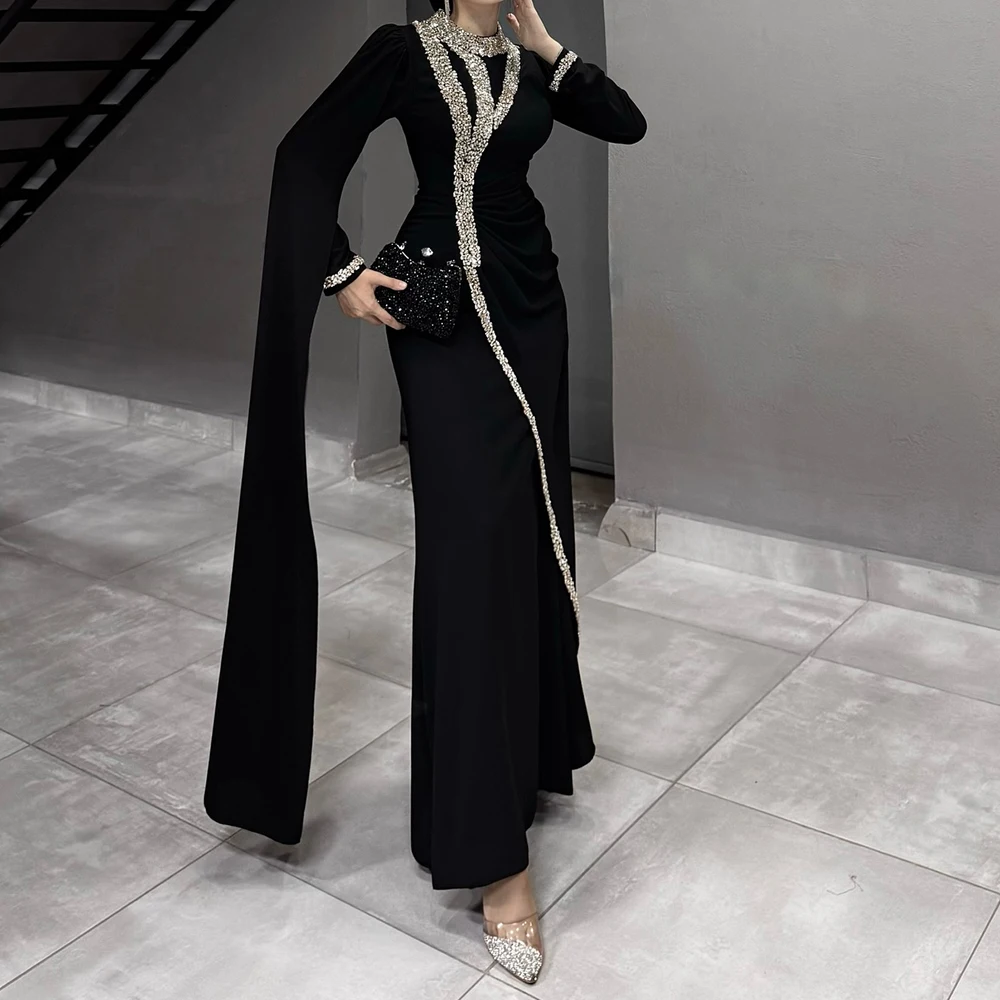 

Customized A-line Evening Dresses Floor-length High-neck Full Sleeve Prom Gown Fashion Crystal Simple Stole Draped Party Gown