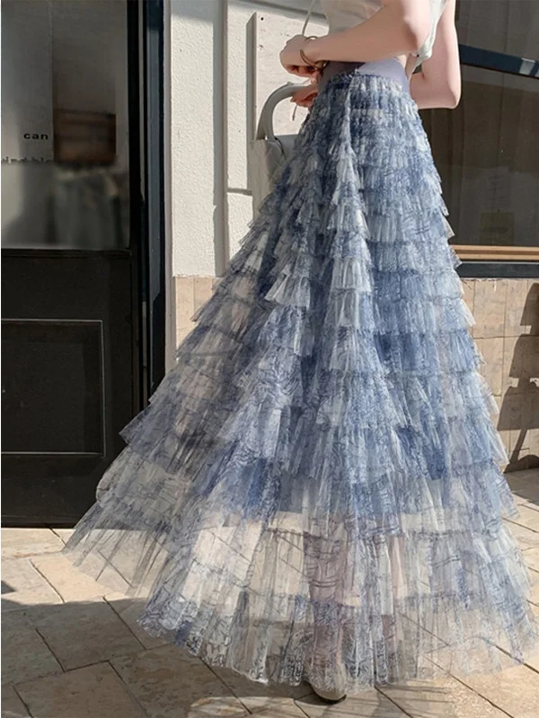 

Sweet Long Skirt Mesh Skirt Women's Elegant Puffy Cake Skirt Summer New Layered Mesh Skirt Breathable High Waist A-Line Skirt
