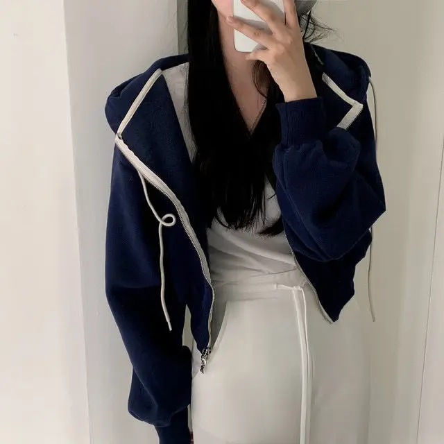 Sweatshirts Women Coats Short Coat Zipper Full Sleeve Hooded Y2k Streetwear Elegant Splice Open Stith Jackets Autumn Winter