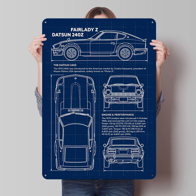 Póster de Metal de la Coche Deportiva Fairlady Z Datsun 240Z, Arte de Pared Personalizado, Letreros Metálicos Vintage, Placa de Metal Retro para Decoración