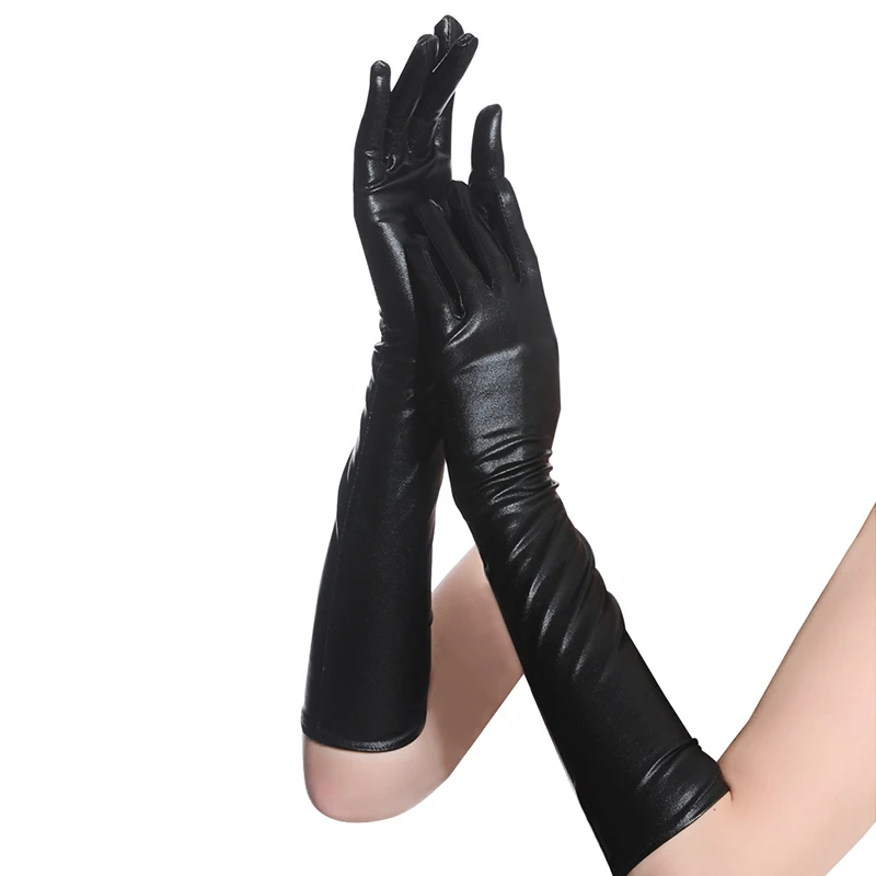 45cm Long Leather Metallic Gloves Sliver Gold Sexy Stretch Dance Glove Evening Party Performance Mittens Nightclub Dance Glove