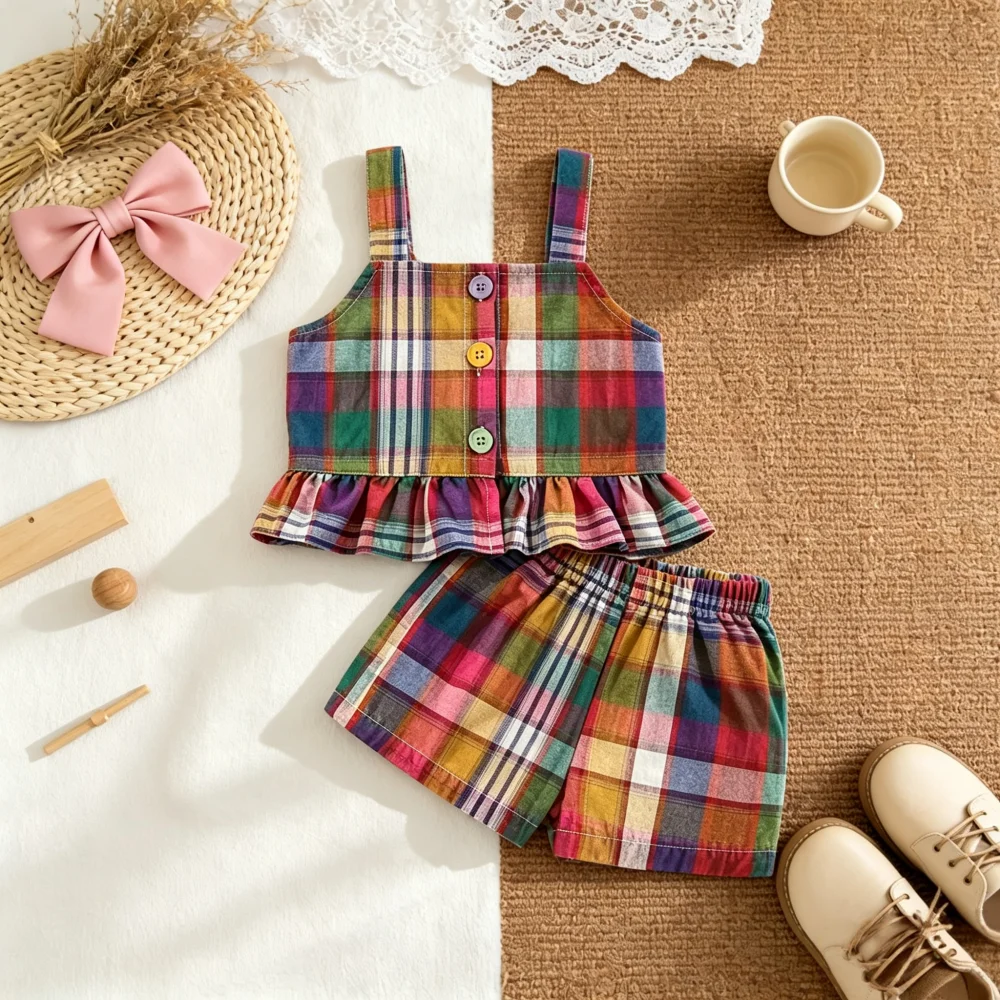 Girls' Set Summer Plaid Cotton Shirt Shorts Baby Girls' Clothing Cute Beach Baby Set
