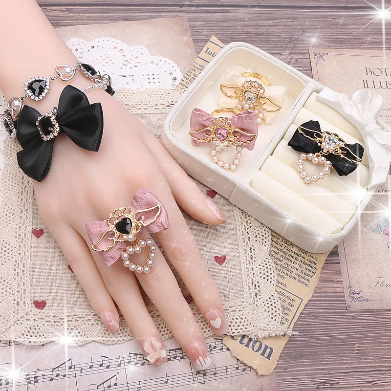 

Уникальные женские кольца ручной работы, готические аксессуары в стиле Лолиты, милые милые крылья, бант с подвеской в виде сердца, кольцо Джирай для девочек Y2K