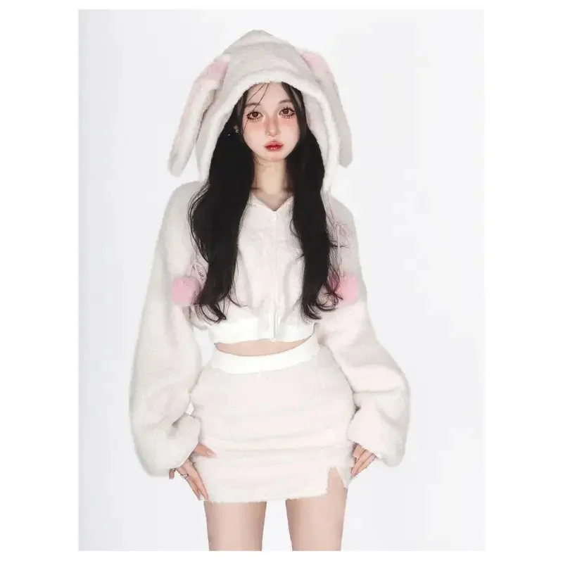 Новинка 2024, пушистая толстовка с кроличьими ушками для косплея, пальто с капюшоном для женщин Y2k E-Girl, облегающие юбки с высокой талией и разрезом, зимние утепленные теплые комплекты # 1 # В.