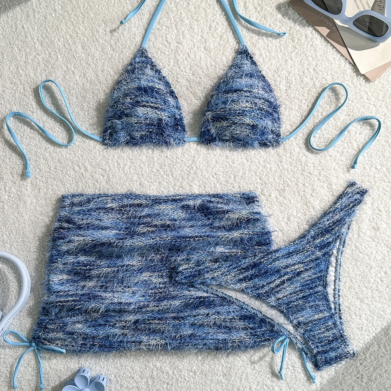 

Strappy Hollow Out Swimsuit 3 Piece Bikini Set Women with Skirt Halter Bathing Suit Women Vacation Swimwear Купальник Женский