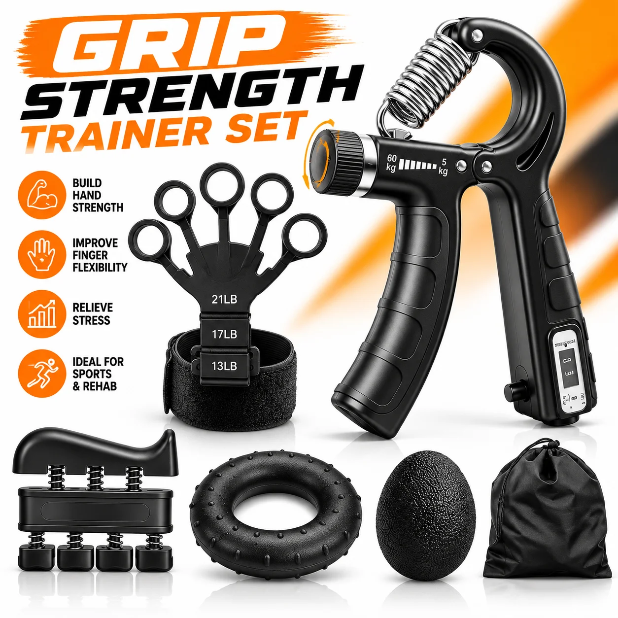 5-60Kg Adjustable Grip Strength Trainer Set Enhance Hand Strength Finger Stretcher Grip With Finger Grip Trainer Ring Muscle Decompression Ball For Muscle Building Injury Recover
