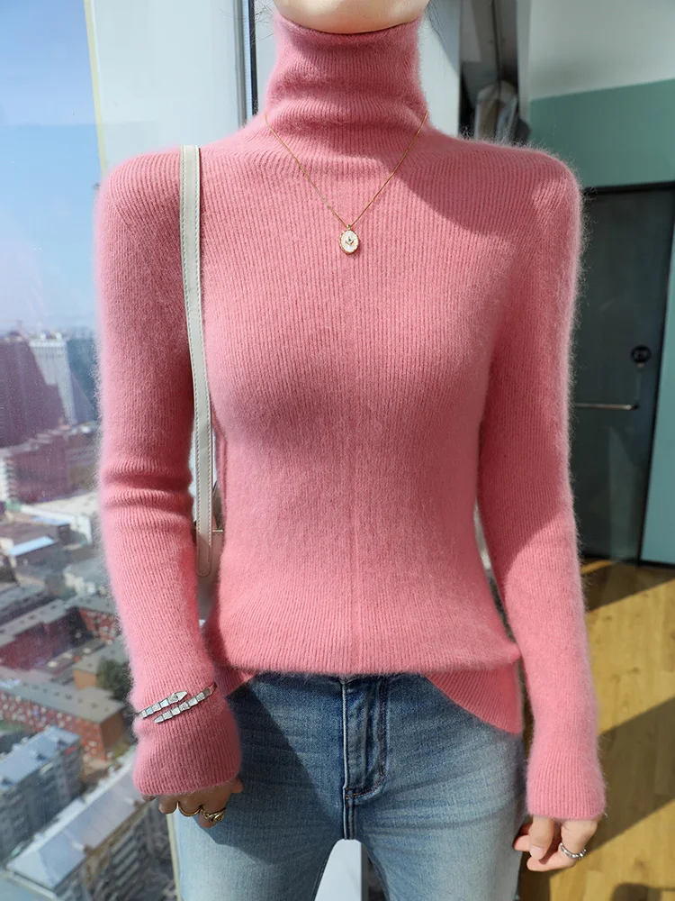 100% Pure Mink Cashmere Slim Sweaters Women' Turtleneck Knitted Pullover Casual Elastic Inside Tops Autumn Large Size Base Shirt