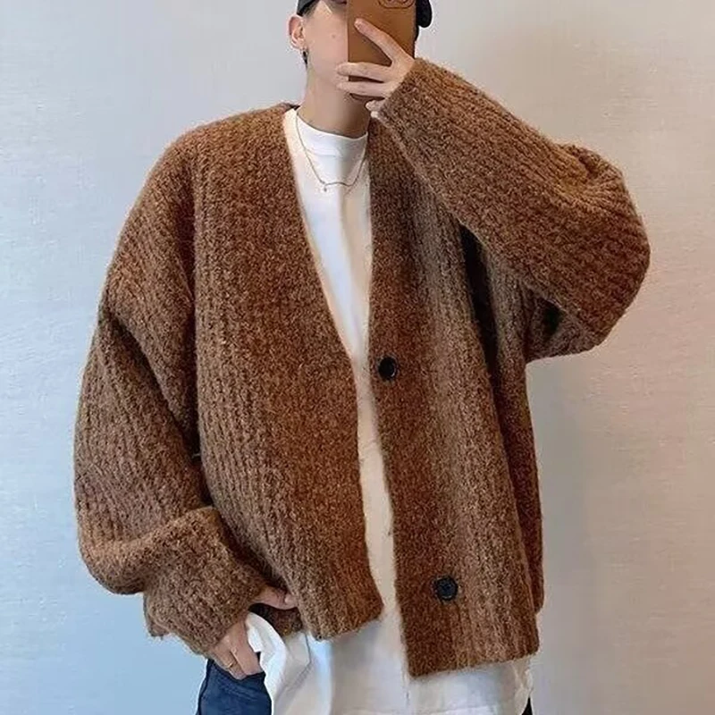 Herbst Winter männer Einfarbig Strickjacke Pullover Strickwaren Koreanische Taste Strickjacke Männlichen Vintage Pullover Hip-Hop Streetwear – Detail 13