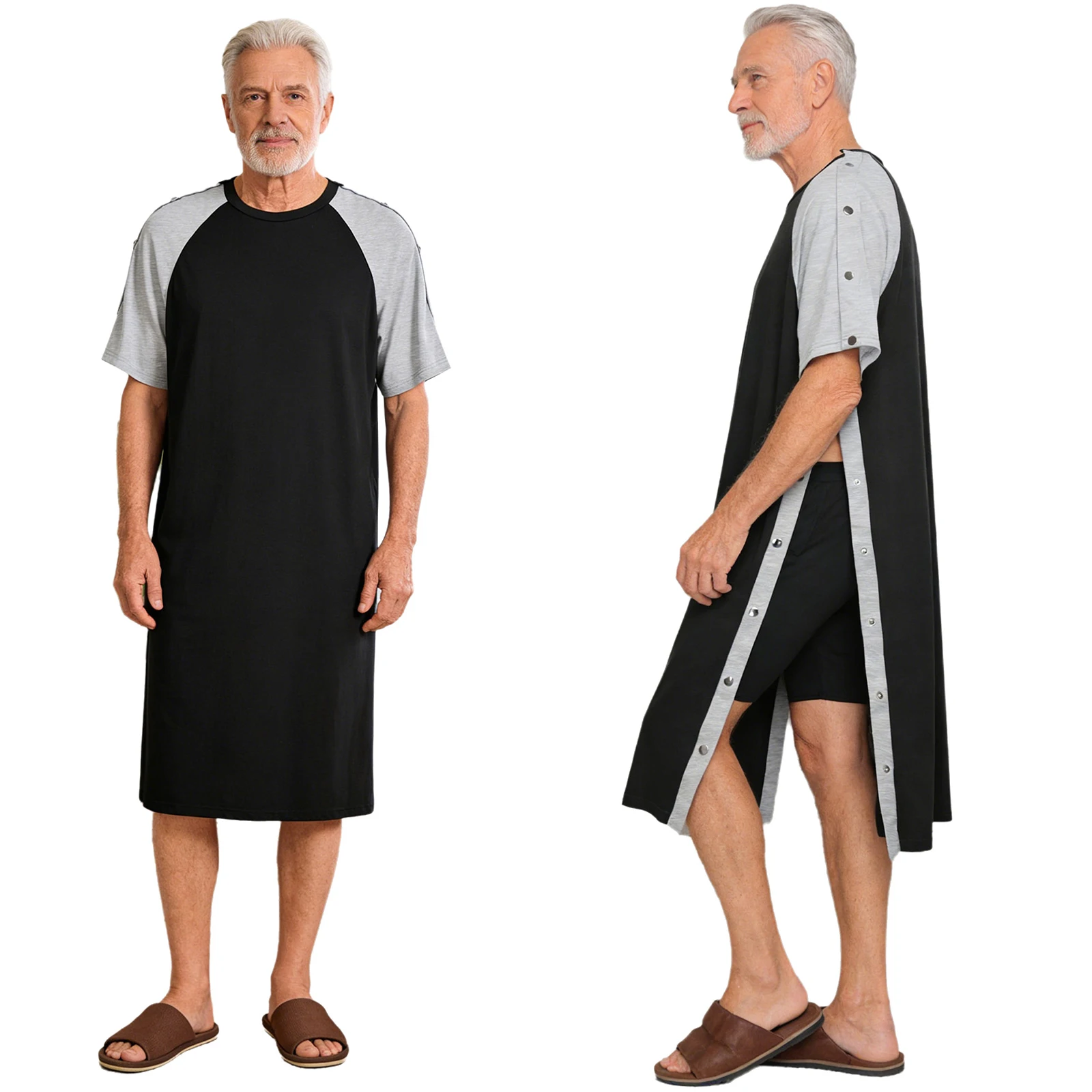 

Men Elderly Tear-away Adaptive Robe Dress Sleepwear Sides Press Buttons Short Sleeve Loose Loungewear Nightgown for Daily Caring