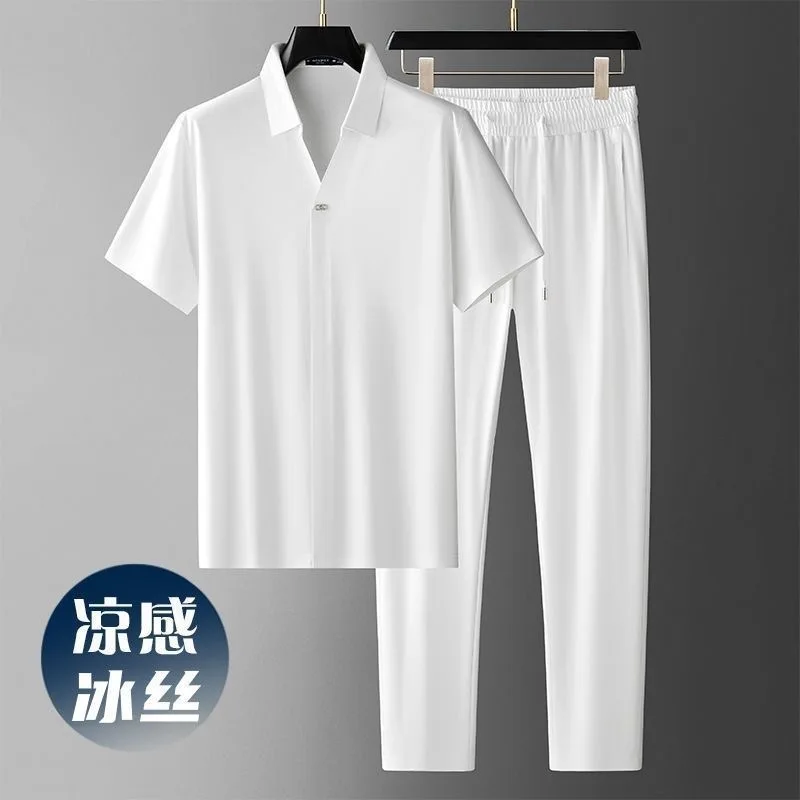 

Summer New Fashion Trend Solid Color Ice Silk Comfortable Short-Sleeved T-shirt Set Men's Loose Sports Large Size Two-Piece Set