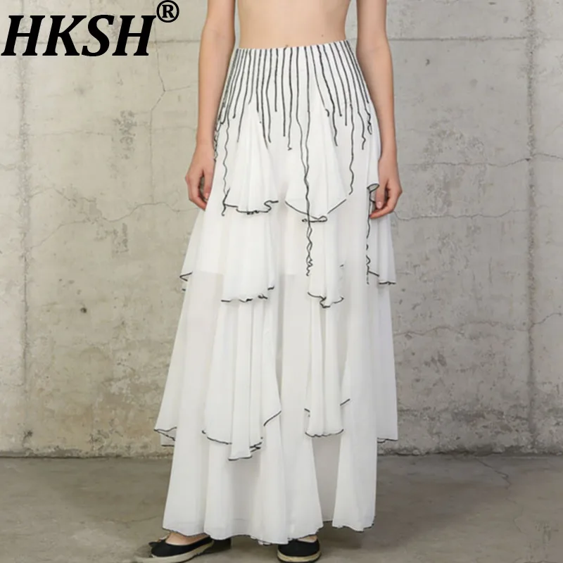 HKSH 2026 Spring Summer New Women Skirt Color Block Multi-layer Pleated Chic Versatile Elegant Sweet High-end Ins Skirts HK18928