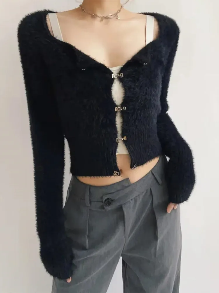 2022 Women Metal Buckle Button-through Hollow Out Front Crop Cardigan Retro Knitted Shaggy Sweater Full Sleeve Slim Jumper Black