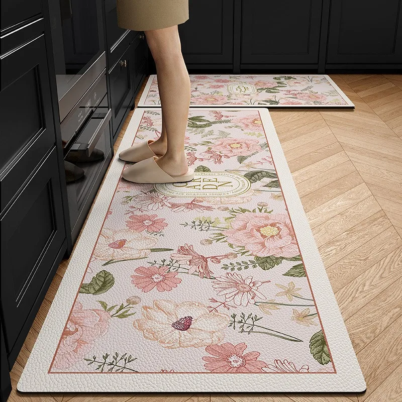 

Retro Floral Home Decor Kitchen Floor Mat PVC Leather Waterproof Non-slip Foot Mats Soft Non-slip Carpet Oilproof Rug 러그 Ковер