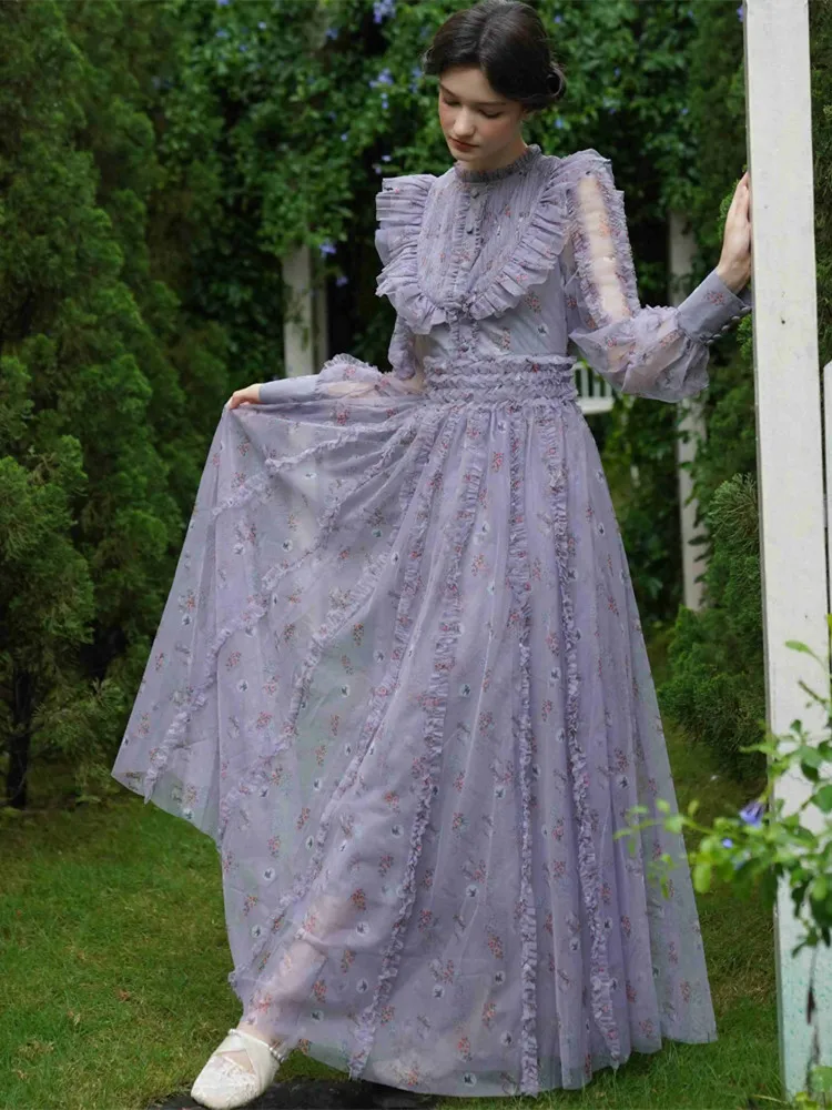

84-96cm Spring Summer Maxi Dresses Women Vintage Elegant Slim Sweet Exquisite Floral Print Long Sleeve Big Swing Holiday Dress