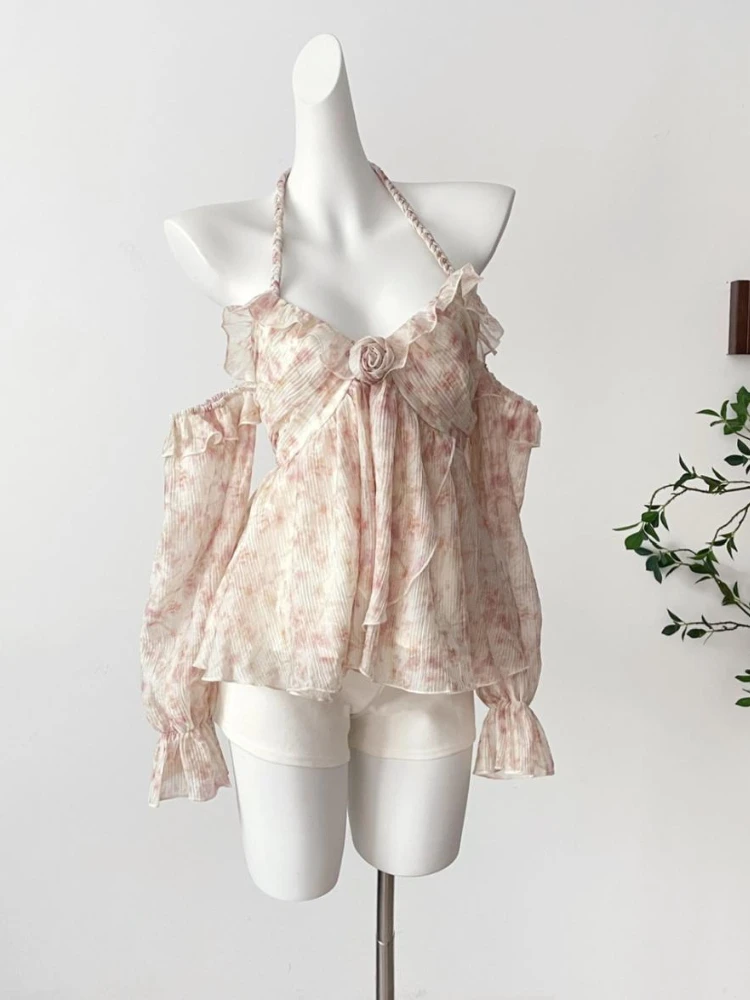 

Summer Korea Fashion Casual Woman Blouse Vintage Elegant Floral Halter Tops Female Ruffle Chiffon Slim Chic Beach Style Outfits