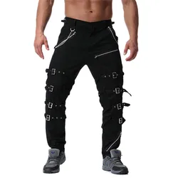 Men's High Street Punk Hip Hop Pants Fashion Streetwear Rock Trousers With Metal Decoration Motorcycle Bottoms