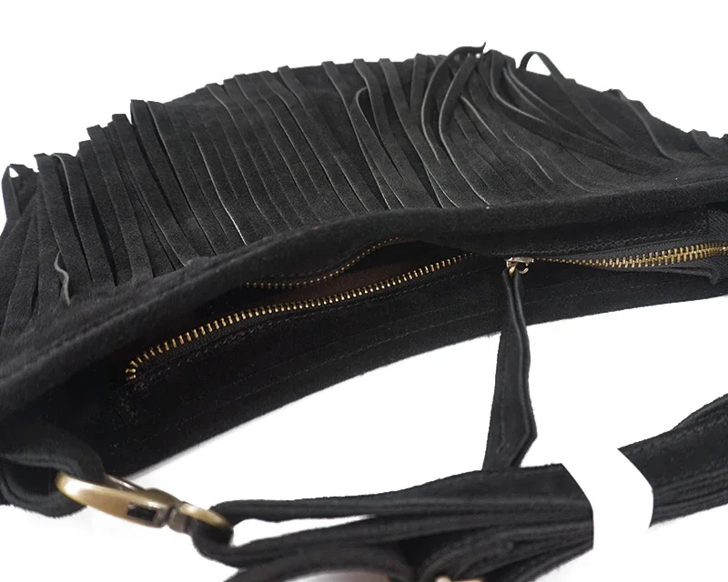 Borsa a tracolla con frange in vera pelle scamosciata da donna Fashion Street Boho Hippie Gypsy Gothic Ibiza Borsa morbida con tracolla laterale