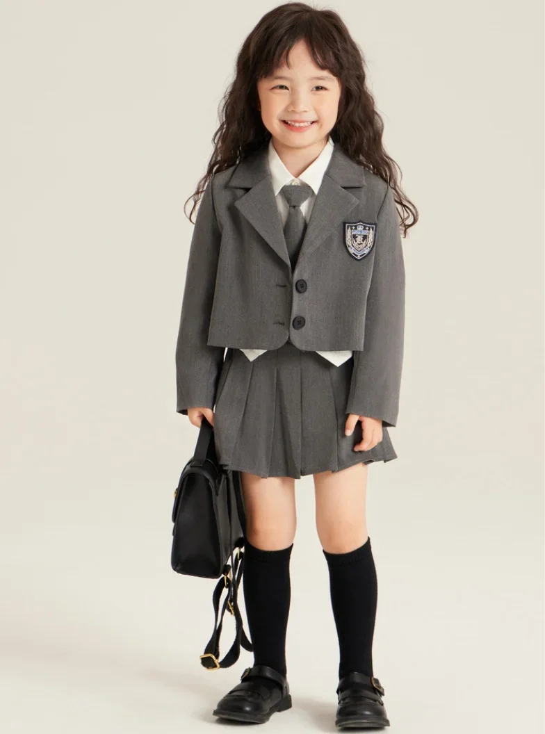 Kids Girls Outfit Formal Western Suit Pleated Skirt For Girls Clothes Set Gray School Uniforms For 4 5 6 7 8 9 10 11 12 13 Years