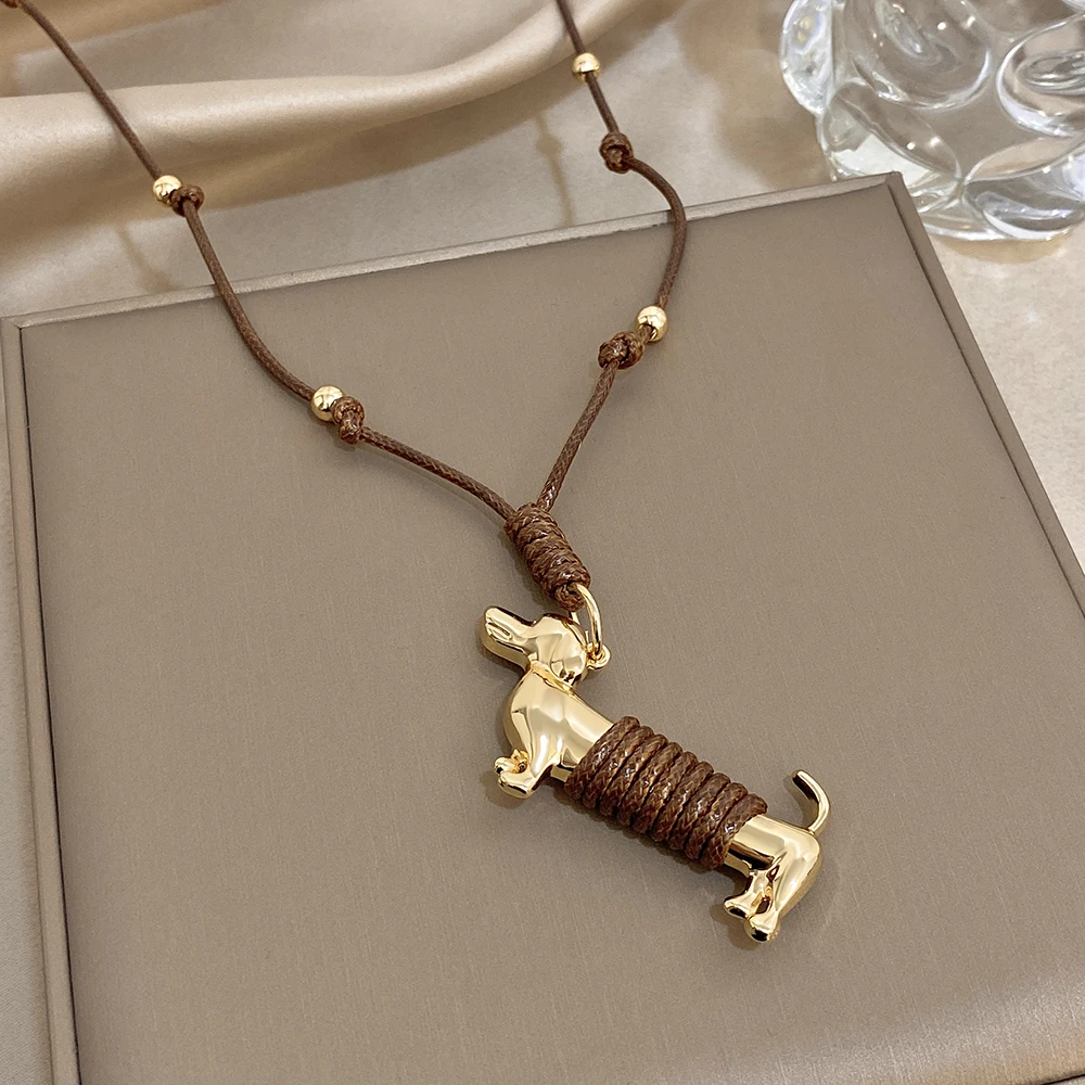 Vintage Punk Handmade Braided Artificial Leather Rope Dachshund Pendant Necklace Long Sweater Chain Collares Necklaces for Women