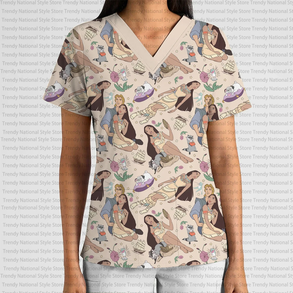 Christmas Disney Princess Cartoon Print V-Neck Pocket Scrub Top Women's Clothing Nursing Clothes Dental Pet Shop T-shirt