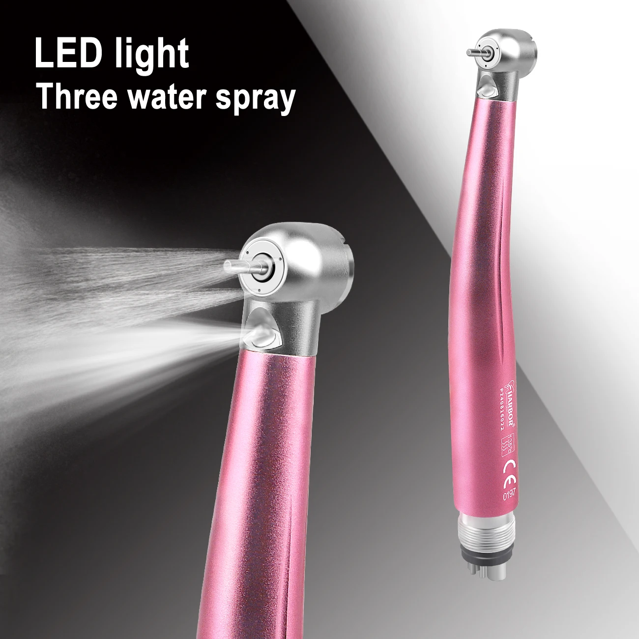 2/4 Holes Dental High / Low Speed Handpiece With LED Metal Box Kit Push Button Contra Angle Three Way Water Spray Pink Color