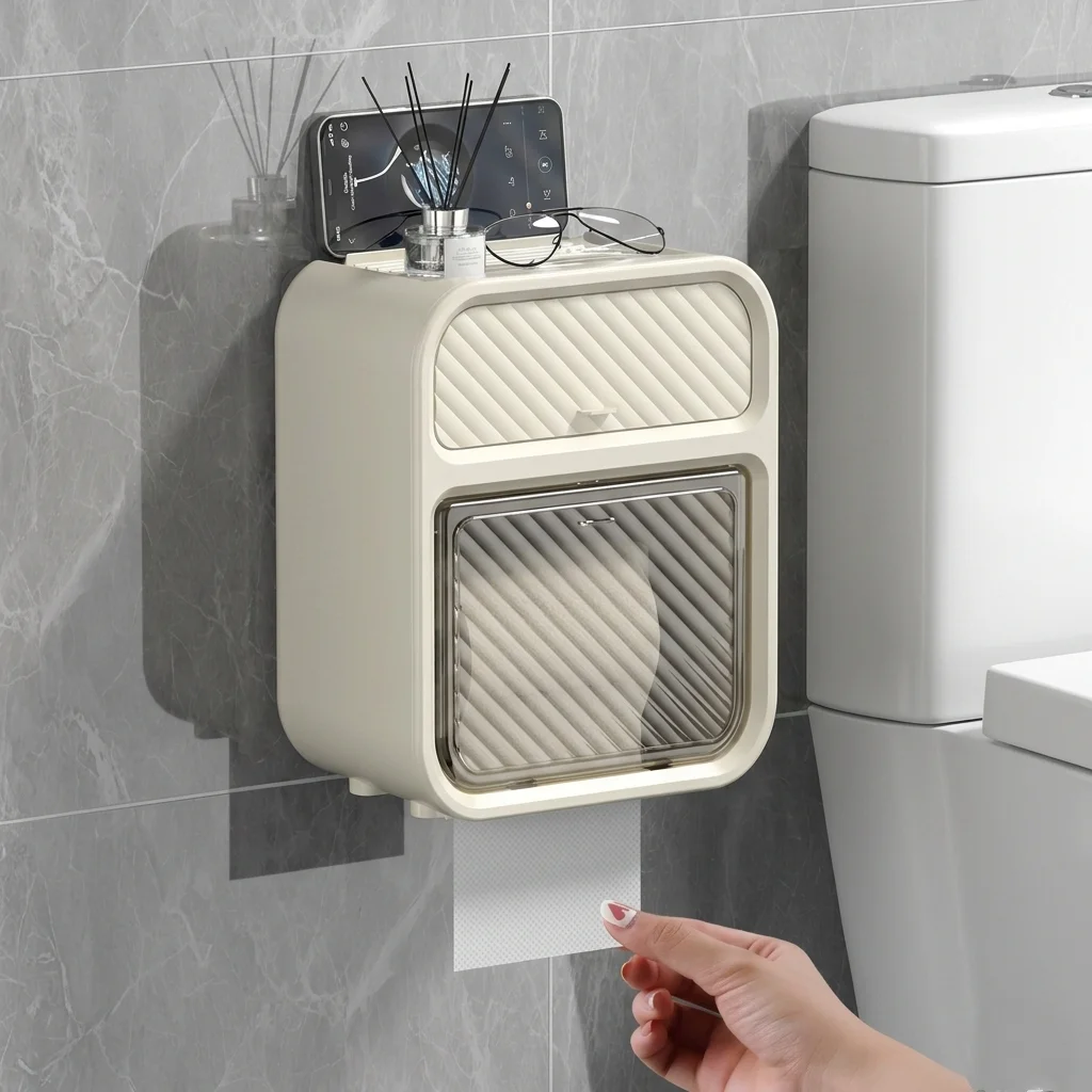 Wall Mounted Double Layer Toilet Tissue Box Waterproof Punch-Free Paper Holder Storage Rack Organizer for Bathroom Kitchen