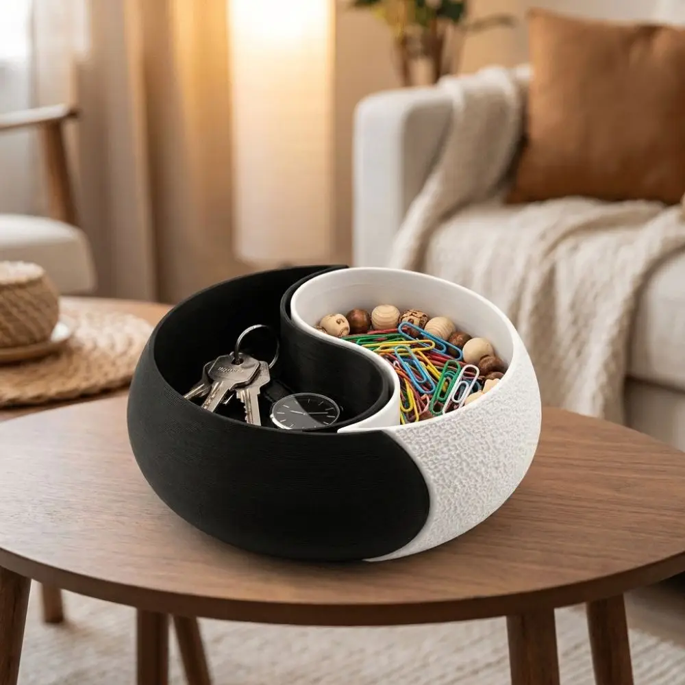 3D Printed Black and White Storage Bowl Layered Design Flat Bottom Trinket Dish Yin and Yang Smooth Nut Serving Bowl