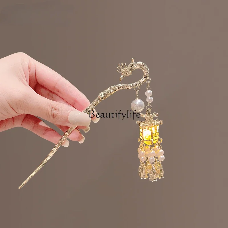 Luminous Tassel Lantern Hair Clasp, Metal GD Updo, Antique Hair Accessories