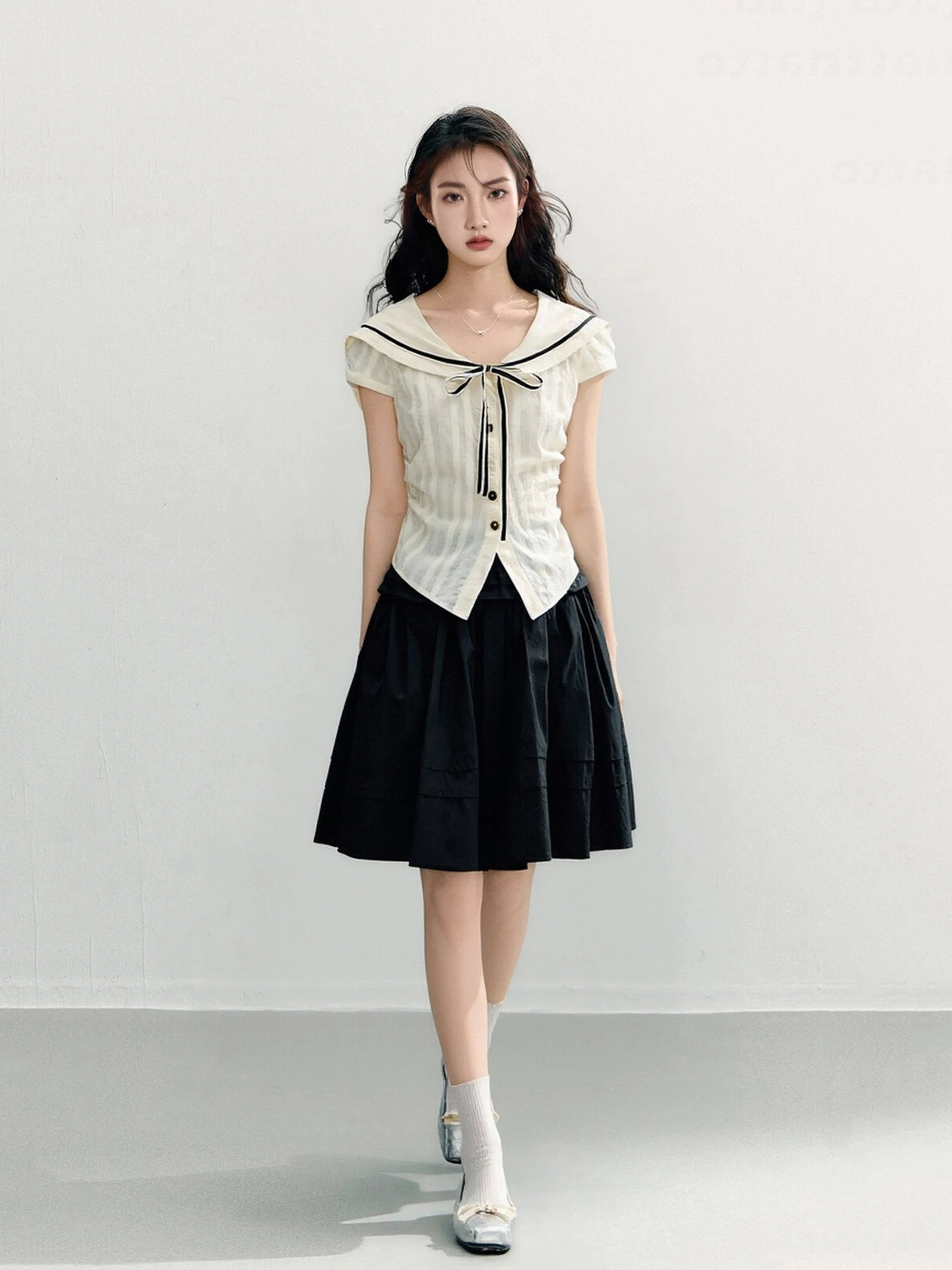 Nautical Girl Summer Preppy Style Shirt And A-Line  Skirt Two-Piece Set Short Sleeve Waist-Cinched Navy Collar Outfit