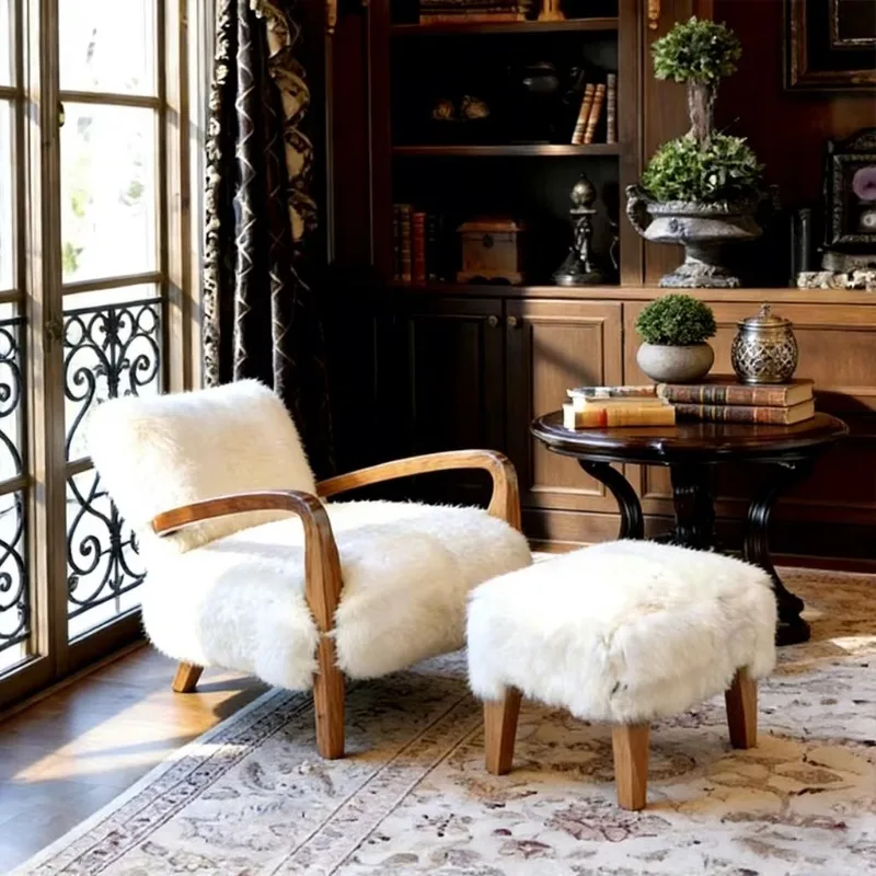 Sheepskin decorative armchair modern medieval solid wood frame casual sofa chair with ottoman living room bedroom recliner