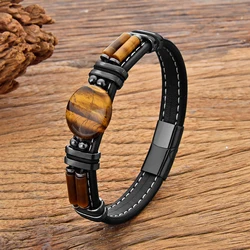 Natural Onyx Stone Bracelet Pink Quartz Hematite Tiger Eye Beads Bracelets Men New Design Leather Jewelry for Women 2024